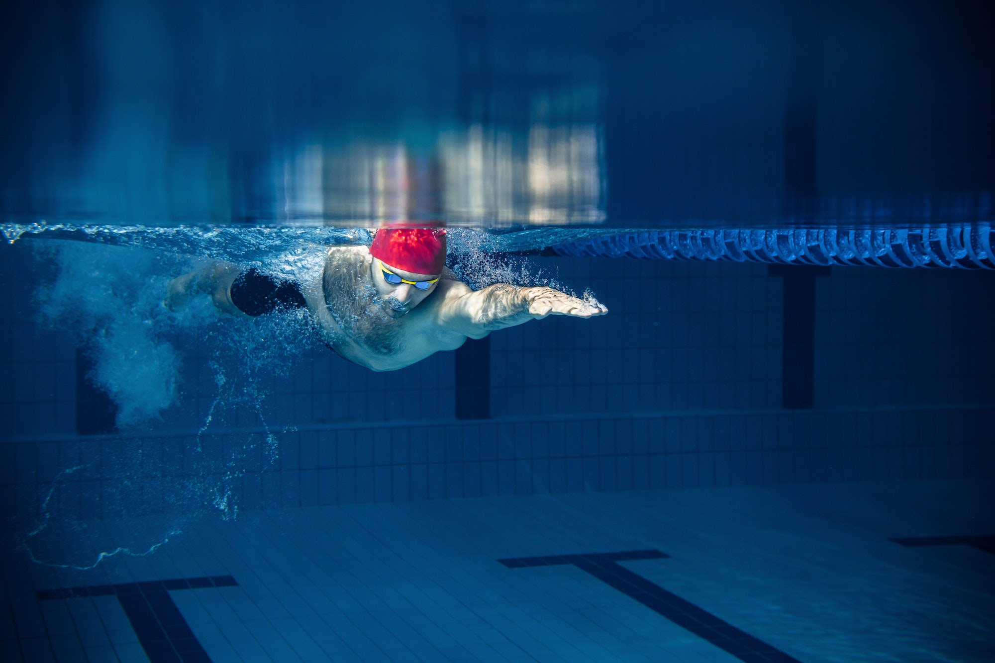 One male swimmer practicing and training at pool, indoors. Underwater view of swimming movements